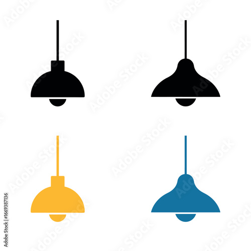 Isolated chandelier icon set featuring pendant lighting designs in black, blue, and yellow