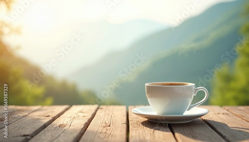 Morning coffee cup rests on rustic wooden table with hazy mountain landscape. Warm sunlight illuminates scene, suggesting tranquility, relaxation. Perfect for cafes, menus, beverage promotions.