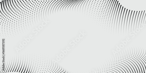 Flowing dots particles wave pattern 3D curve halftone black gradient curve shape isolated on white background. Vector in concept of technology, science, music best seller background