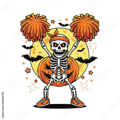 Cheerleader skeleton with pumpkins and bats celebrating Halloween.