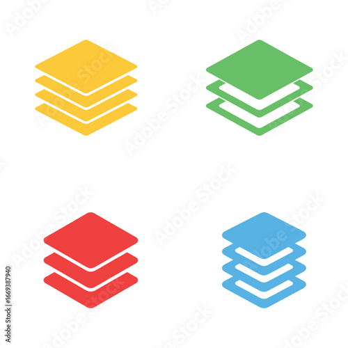 Four colorful overlapping square layer icons, in yellow, green, red, and blue, set