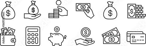 Flat vector illustration, finance icons, money bag, hand holding coin, wallet graphic, piggy bank, savings concept, credit card, budgeting design, cash symbol