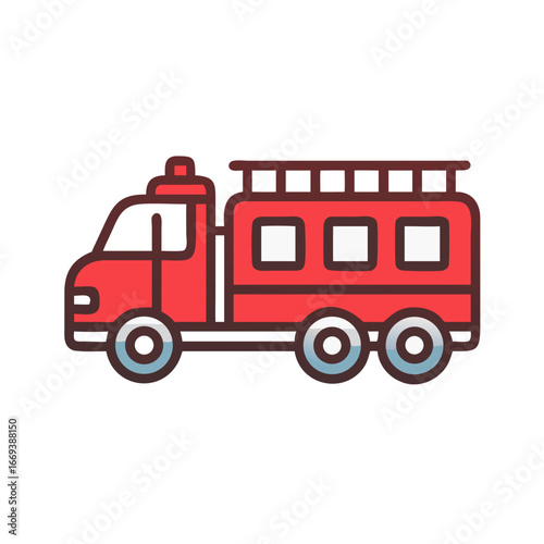Red fire truck icon in flat cartoon style with ladder