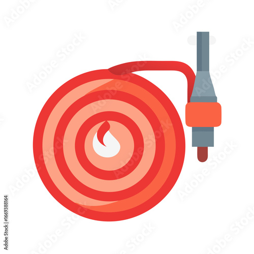 Coiled fire hose icon in red with nozzle on white background