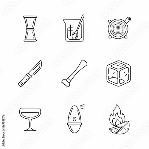 Set of Iconic Cocktail Preparation Tools in Line Illustration Style