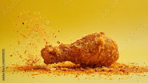 A picture of crispy fried chicken drumstick with chili powder on a yellow studio background