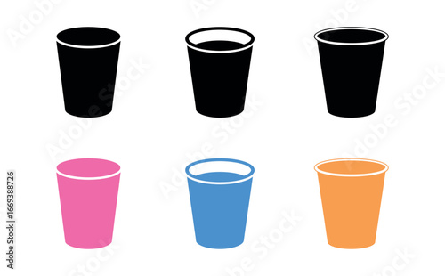 Colorful and black disposable cups set on white background in a simple art style