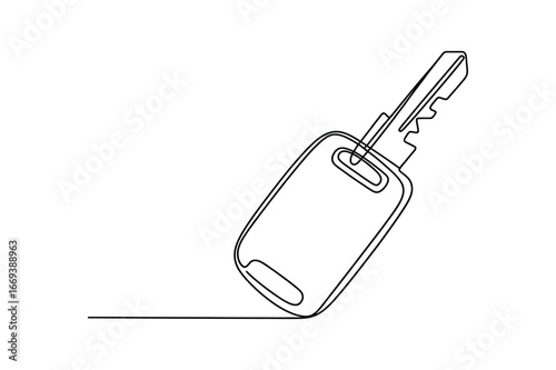 Minimalist single line drawing of a modern car key with a blank fob against a clean white background