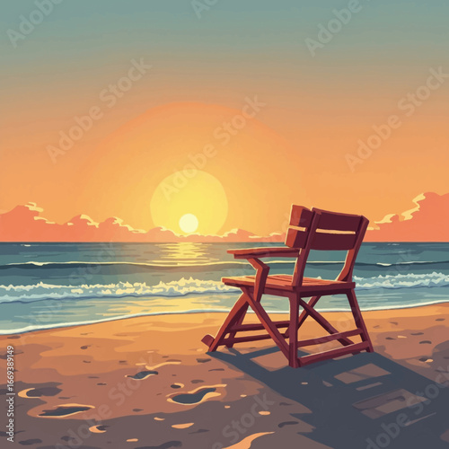 Wooden rocking chair on a beach at sunrise, peaceful and tranquil scene.