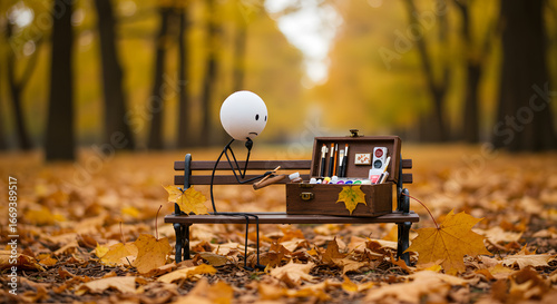 Whimsical Character Painting on Park Bench Amidst Autumn Leaves: Creative Fall Art Scene