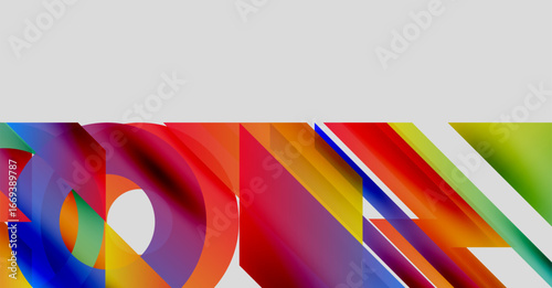 Abstract colorful shapes overlap, creating dynamic visual composition. Bright hues blend, forming modern design element.