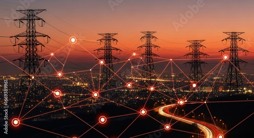 Dynamic power grid connecting city with energy at sunset