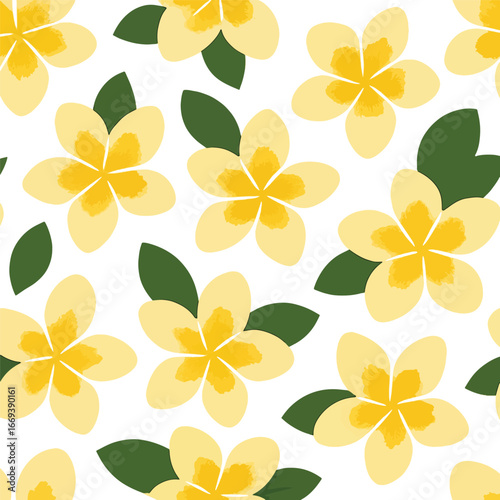 Yellow Plumeria Flowers and Green Leaves Seamless Pattern.