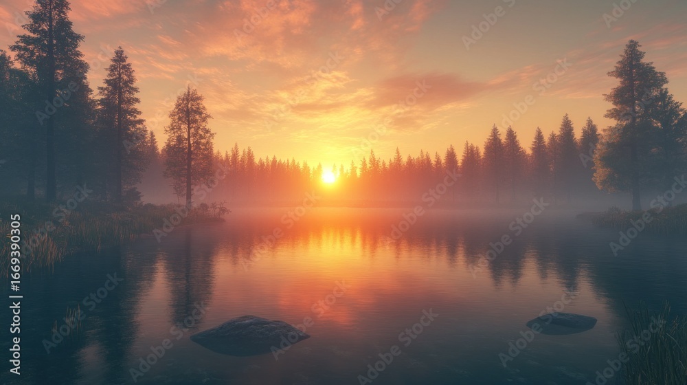 Obraz premium Misty forest lake sunset (1)