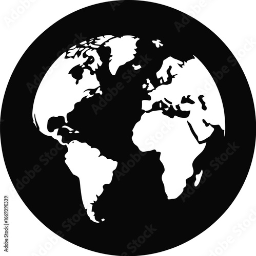 Black and white globe map world continents