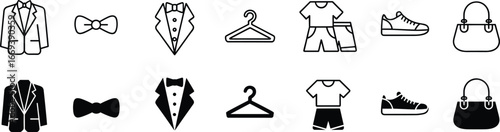 Flat vector illustration, clothing icons, fashion symbols, suit jacket, bow tie, tuxedo graphic, clothes hanger, t‑shirt and shorts, sneaker icon, handbag design