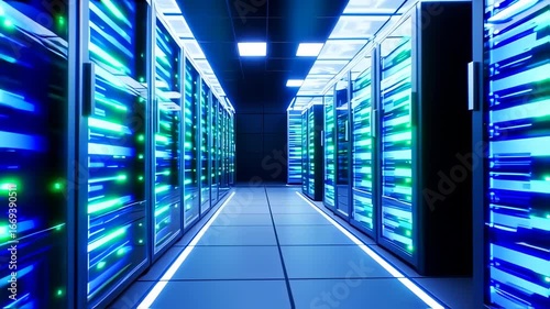 Server rack room lit with vibrant blue and green lights