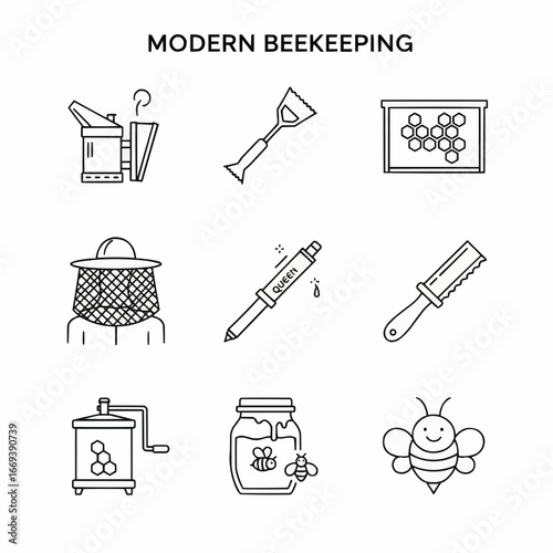 Line Drawn Icons Depicting Modern Beekeeping Tools and Practices