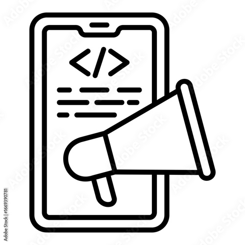 Marketing software icons in the form of coding in mobile phones and megaphones