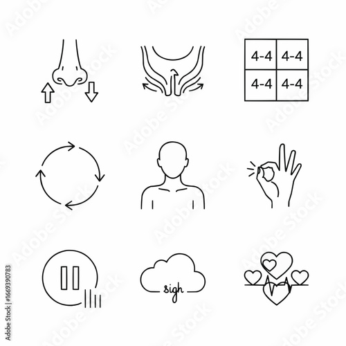 Icon Set Featuring Breathing Techniques and Health Symbols