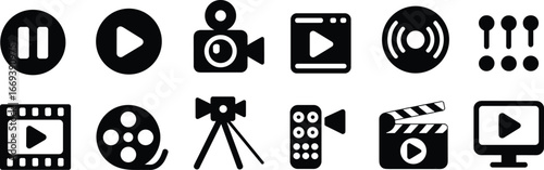 Flat vector illustration, media icons, video symbols, play button, pause icon, camera graphic, film reel, clapperboard icon, video player, entertainment design