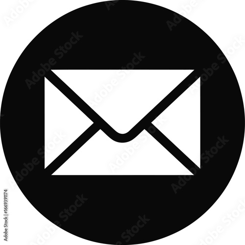 White envelope icon on black circle mail communication