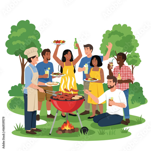 vector of friends barbecue party in nature with characters eating food and drinking together, happy and fun vibes