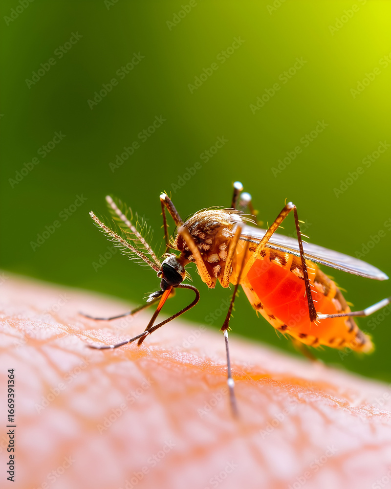 Naklejka premium Mosquito feeding on human skin with a bright green backdrop creating awareness about vector diseases