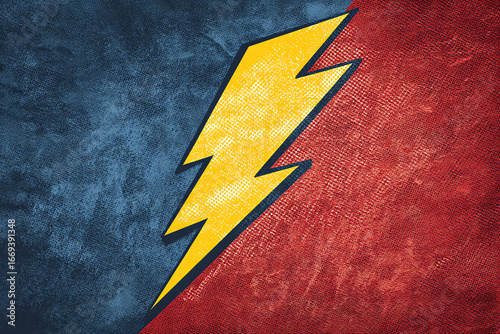 Yellow lightning bolt icon against a textured background split into blue and red halves, symbolizing energy, power, and contrast between two opposing forces