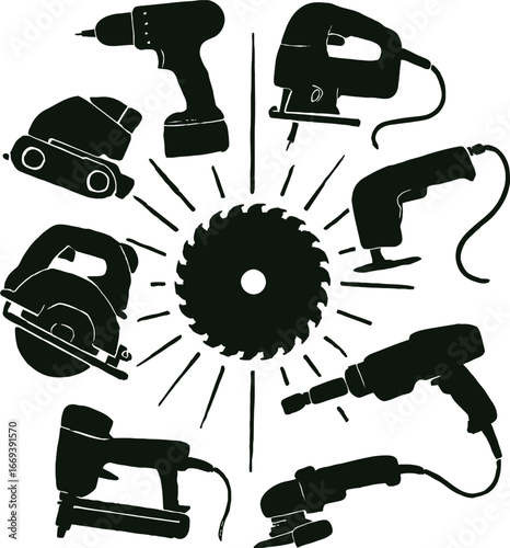 Assortment of Black Power Tool Silhouettes Arranged Around a Circular Saw Blade power tools