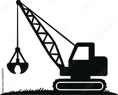 Black Silhouette of a Clam Shell Excavator Crane on Tracks grabber heavy machinery