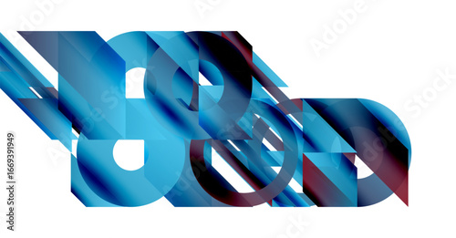 Abstract geometric shapes overlap, creating dynamic composition. Blues dominate, with hints crimson. Modern design, clean lines.