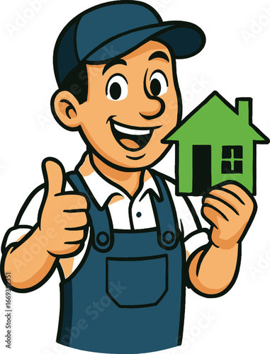 Cheerful handyman in blue overalls and cap gives thumbs up holding a green house icon worker construction
