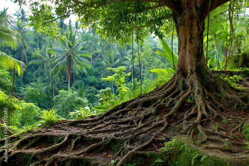 Large tree with sprawling roots in a dense tropical forest featuring lush greenery and tall palm trees under soft natural light