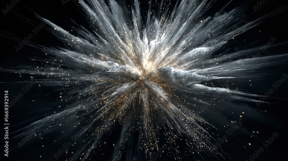 Obraz premium A cosmic burst unveils a galaxy s birth with celestial dust and radiant sparkles against an inky