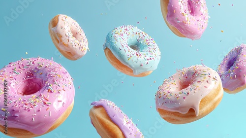 A picture of donuts with colorful glaze flying on a pastel blue studio background