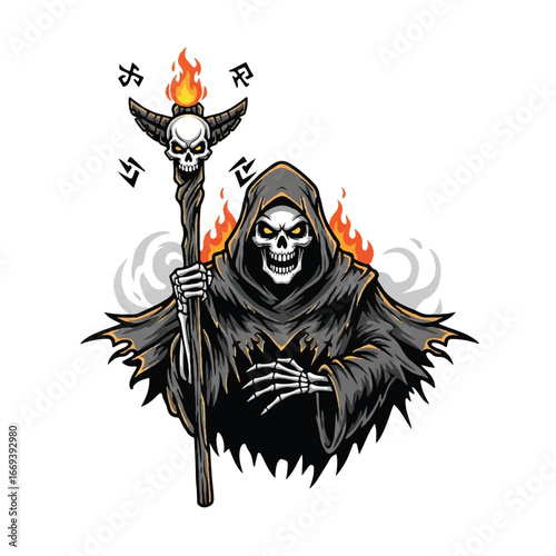 A menacing Grim Reaper figure in a dark hooded robe, holding a flaming staff topped with a skull and wings, surrounded by smoke and arcane symbols.