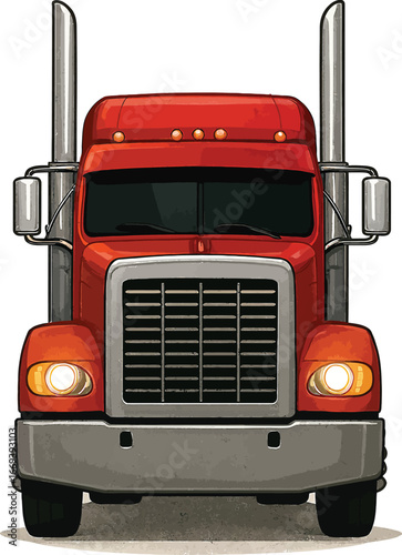 Front View of a Red Semi Truck with Chrome Stacks and Headlights On tractor eighteen wheeler