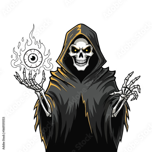 A chilling vector illustration of a hooded skeleton, resembling the Grim Reaper, conjuring a flaming eyeball.