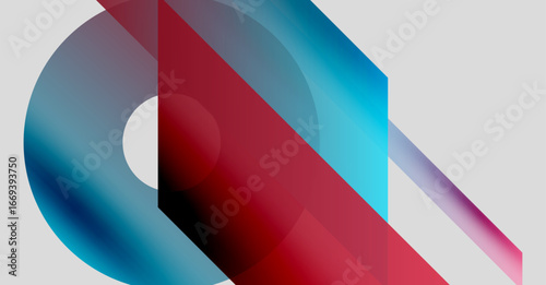 Abstract geometric composition. Overlapping shapes, gradients, red, blue hues dominate design. Minimalist aesthetic, modern feel.