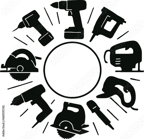 Radial Pattern of Black Power Tool Silhouettes Around a Central Circle power tools