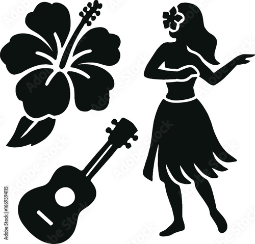 Silhouette of Hula Dancer Hibiscus Flower and Ukulele woman