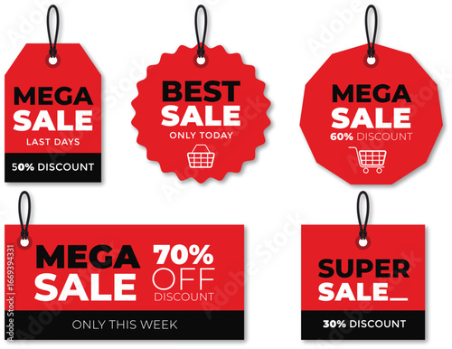 Sale Tags and Discounts: A selection of vibrant red sale tags, each emblazoned with bold text and varied discount percentages, promoting limited-time offers and savings for consumers
