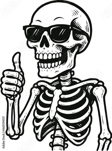 Skeleton wearing sunglasses giving a thumbs up gesture with detailed bone structure on a white background