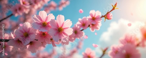 Pink cosmos flowers bloom in gentle morning light against clear blue sky with soft clouds. Petals drift down from branches, creating tranquil, fresh springtime atmosphere. Vibrant floral background