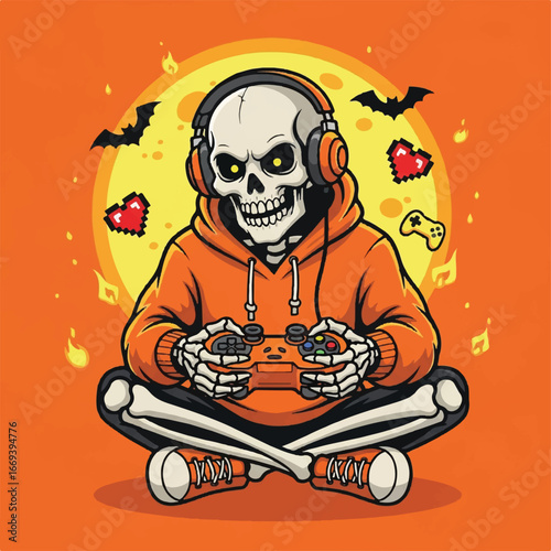 Cartoon skeleton gamer with headphones playing video games.