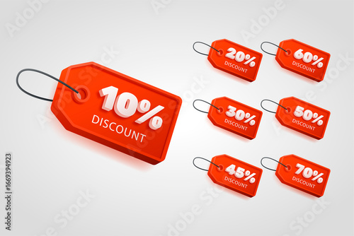 Discount Tag: A selection of vibrant, glossy discount tags with varying percentage offers, providing a visual representation of savings and promotional opportunities.