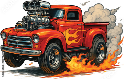 Vintage red hot rod pickup truck with flames and a supercharger emitting smoke and fire retro