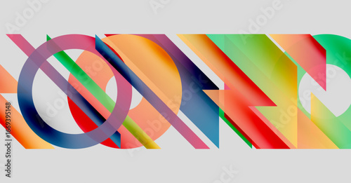 Abstract geometric composition. Colorful shapes overlap, creating dynamic visual effect. Gradient hues blend smoothly. Modern design.