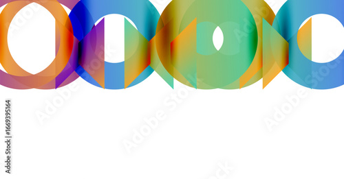 Colorful circles overlap creating abstract geometric patterns. Bright hues blend, forming dynamic visual composition. Simple shapes dominate white background.